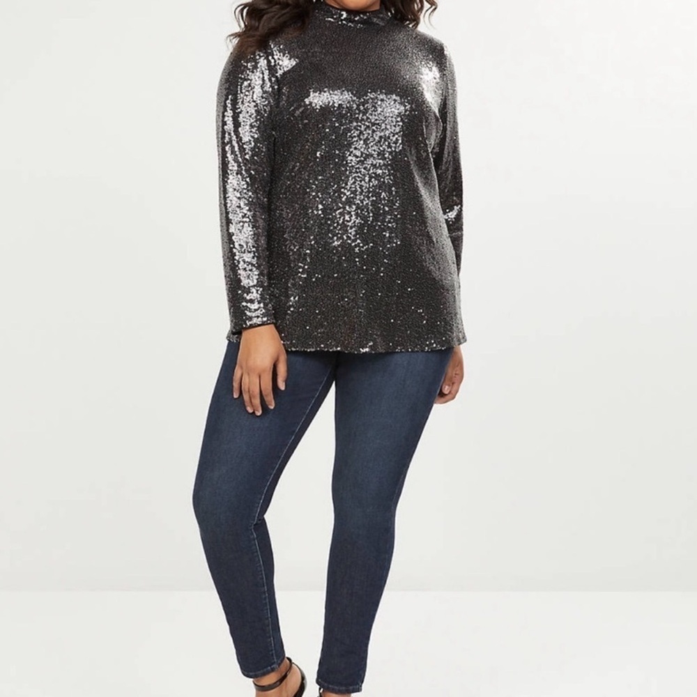 NWT Lane Bryant Black Sequined Mock Neck Long-Sleeve Top Plus Size 20